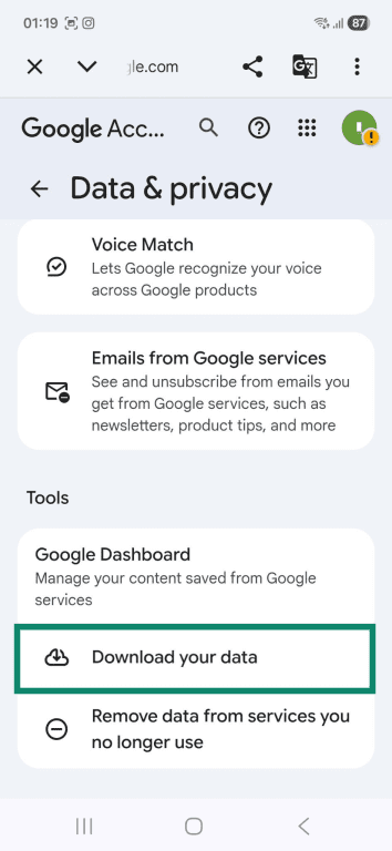 The "Data & privacy" tab in an Android "Google Account" page. The "Download your data" option is highlighted.