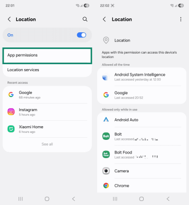 Two Android screenshots side by side showing the "Location" and location-based app permission pages. The "App permissions" tab is highlighted.