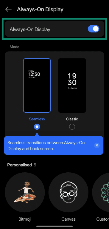 Screenshot showing the Always-On Display in OnePlus enabled