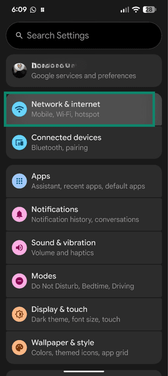 Settings app on Android with Network & internet option