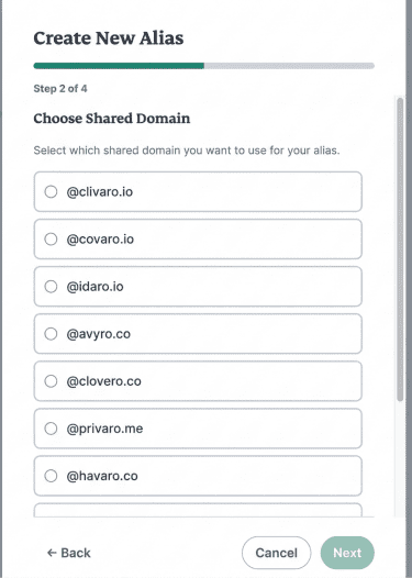 New Alias modal showing a list of shared domain options.