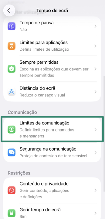 Communication Limits settings for child’s iPhone account.