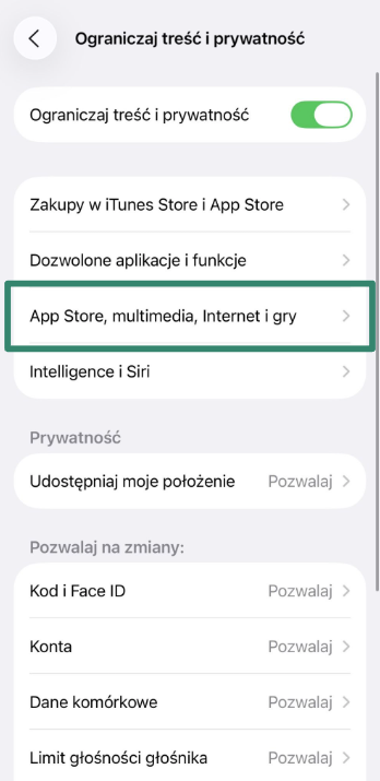 App Store, Media, Web & Games restrictions menu on iPhone.