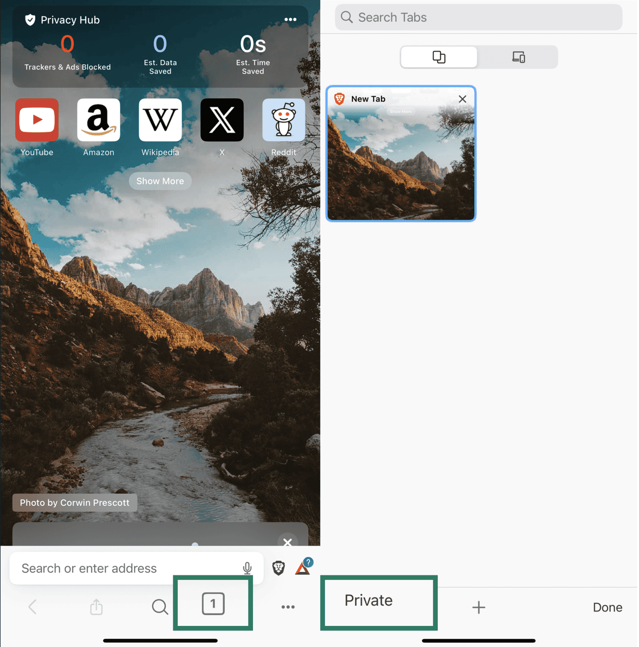 Two side-by-side screenshots of the Brave browser on iPhone.The left screenshot highlights the tab icon in the bottom-right corner.The right screenshot shows the tab switcher with