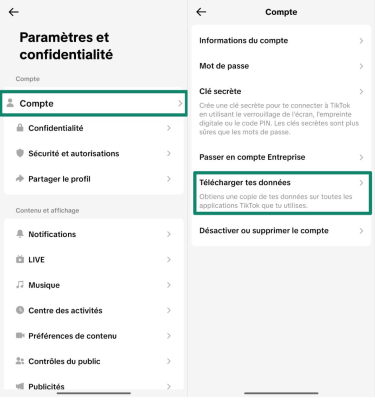 Screenshot showing how to access the Account menu in TikTok's settings (left) and download your 