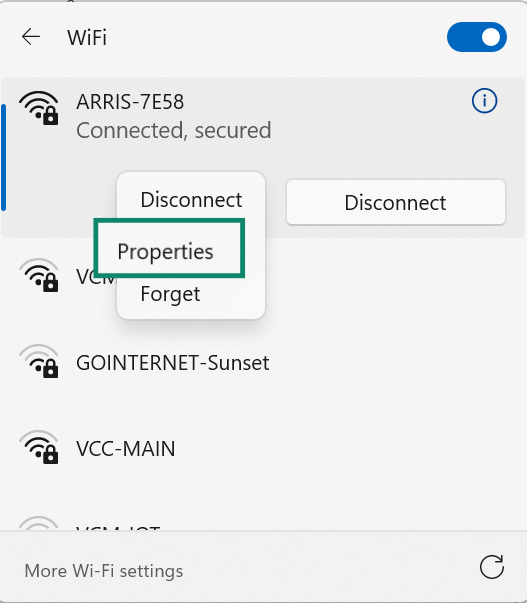 Windows' screen showing internet connections with the Properties option on the connected network highlighted.
