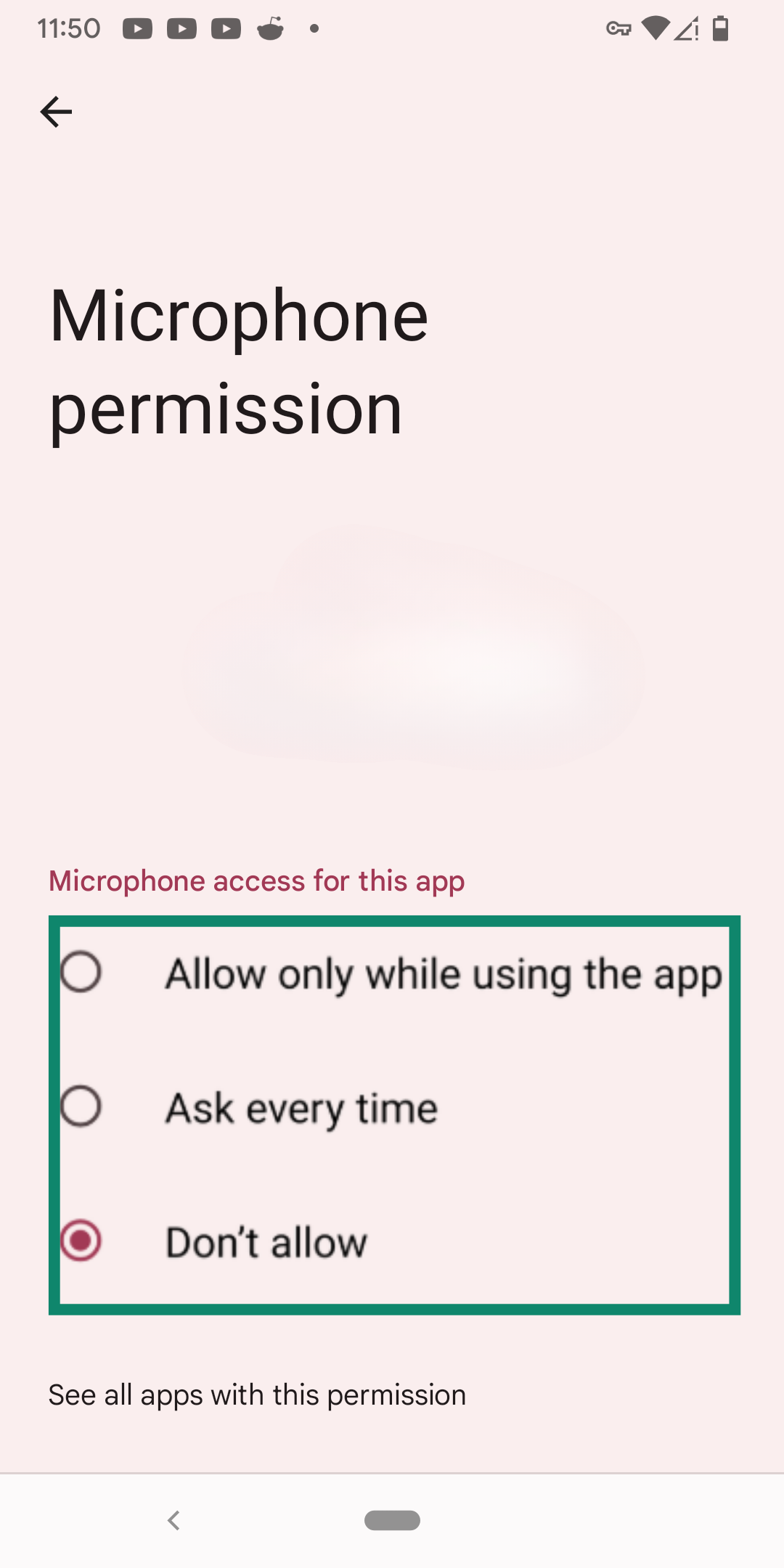 Toggling off microphone permissions for an app on Android.