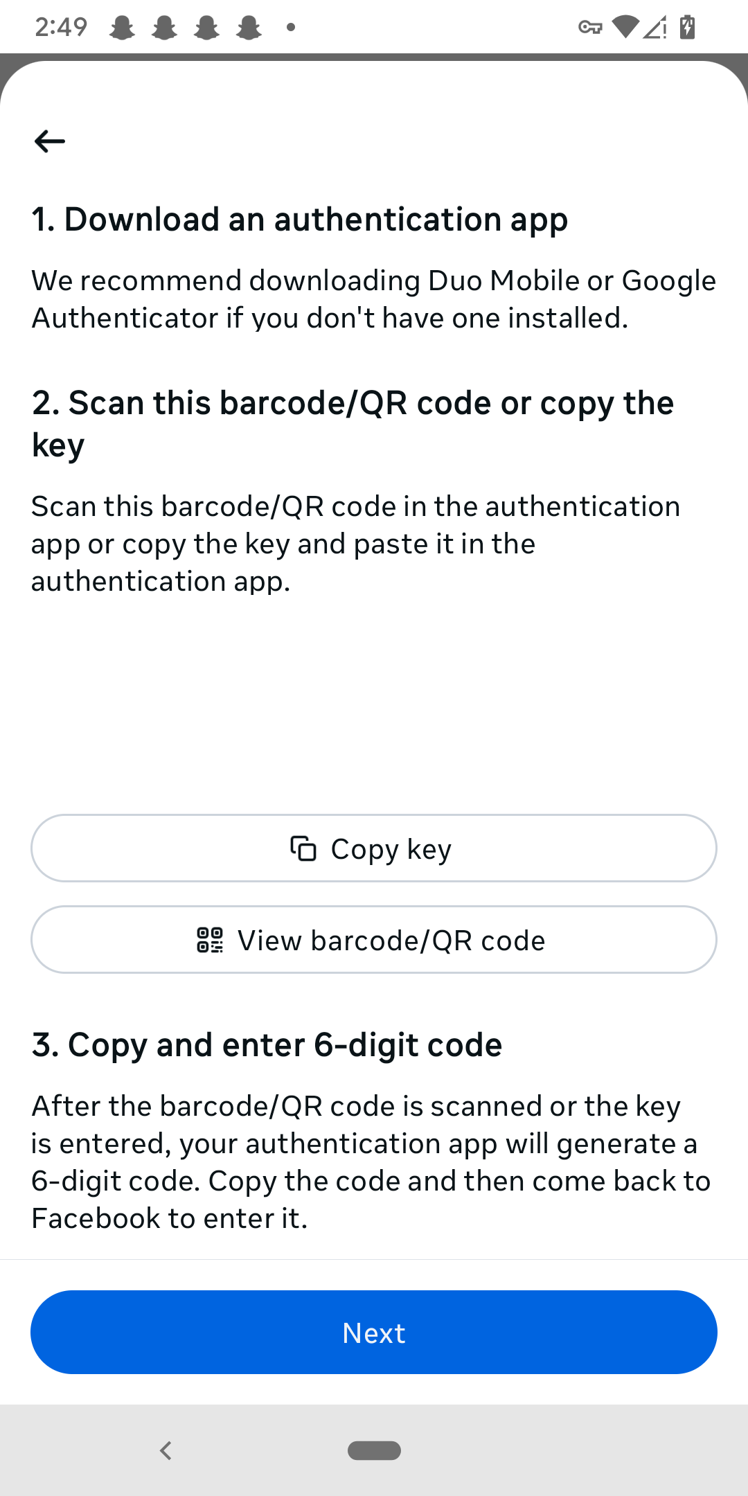 A choice between linking the 2FA app to the account using either an alphanumeric code or a QR code.