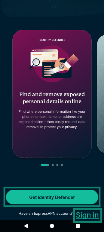 The Identity Defender sign-in page, emphasizing the purchase and Sign in options.