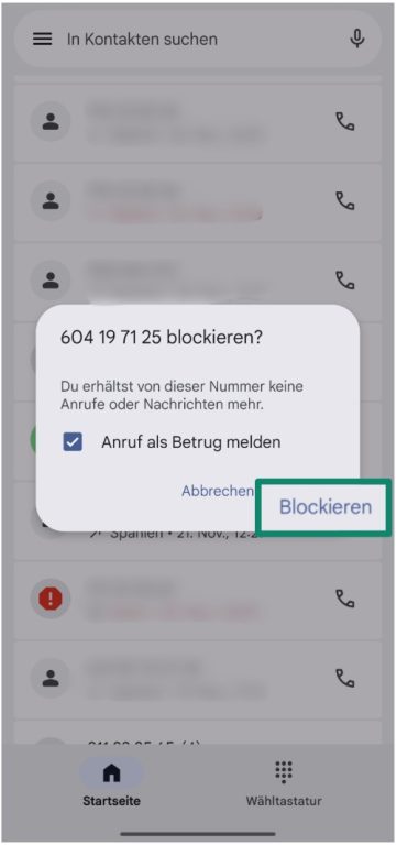 Android confirmation screen to block a number, with “Block” button highlighted.