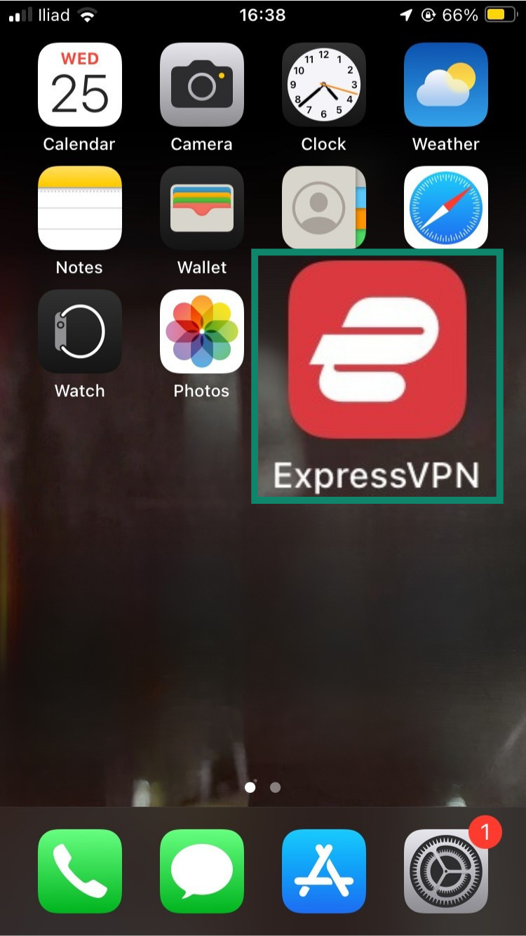 ExpressVPN app on an iPhone home screen.
