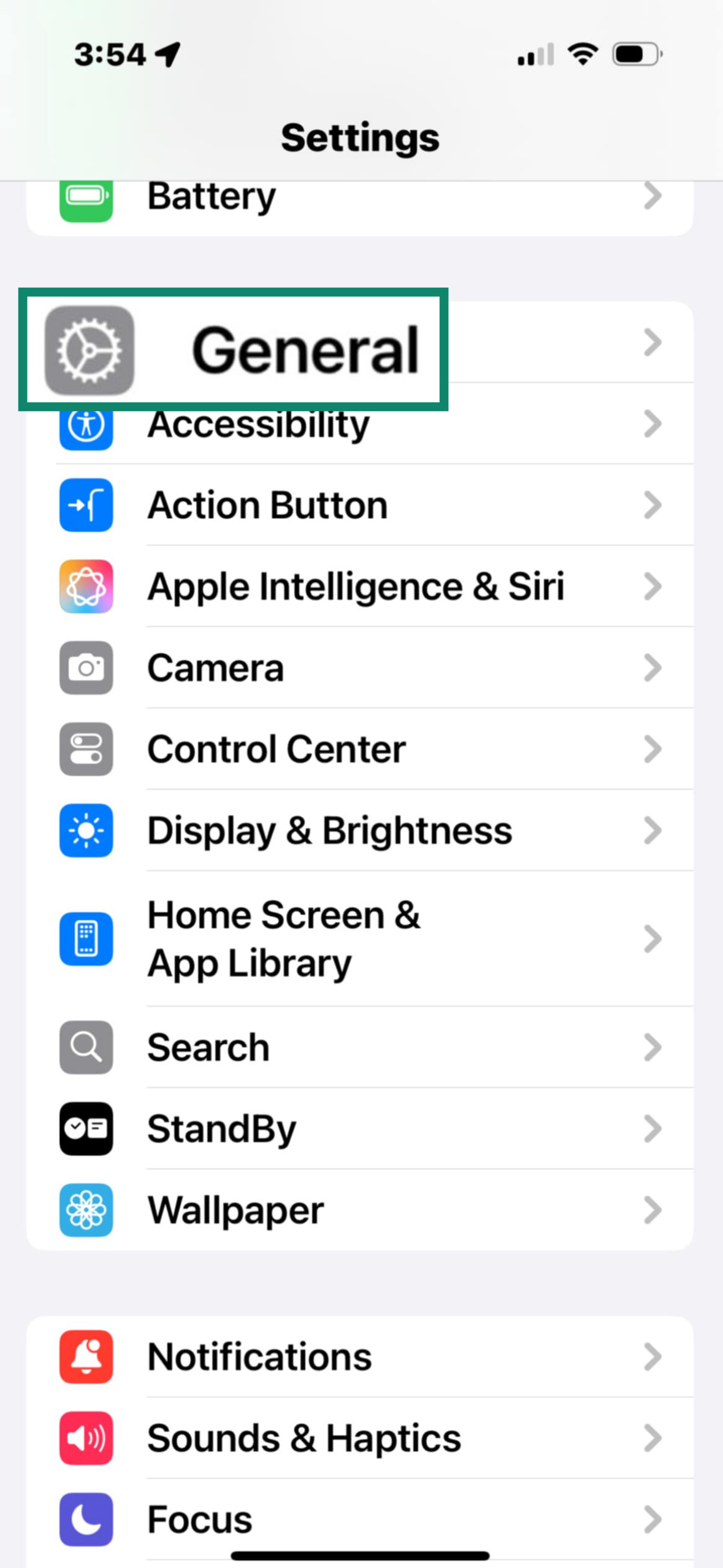 iPhone Settings menu with General settings highlighted.