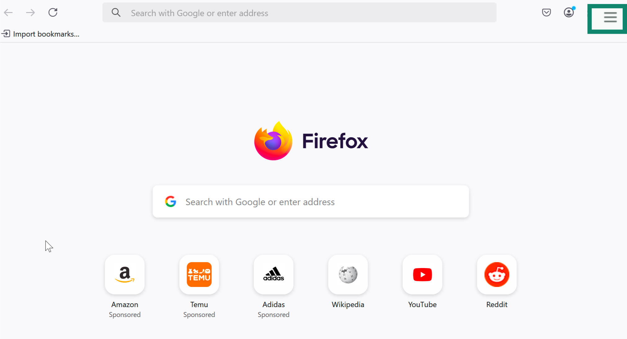 Firefox home screen with the main menu (hamburger icon) highlighted in the top right.