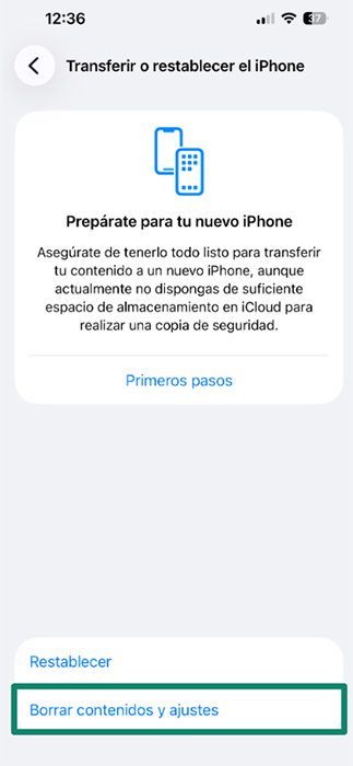The Transfer or Reset iPhone menu, showing the Erase All Content and Settings button.