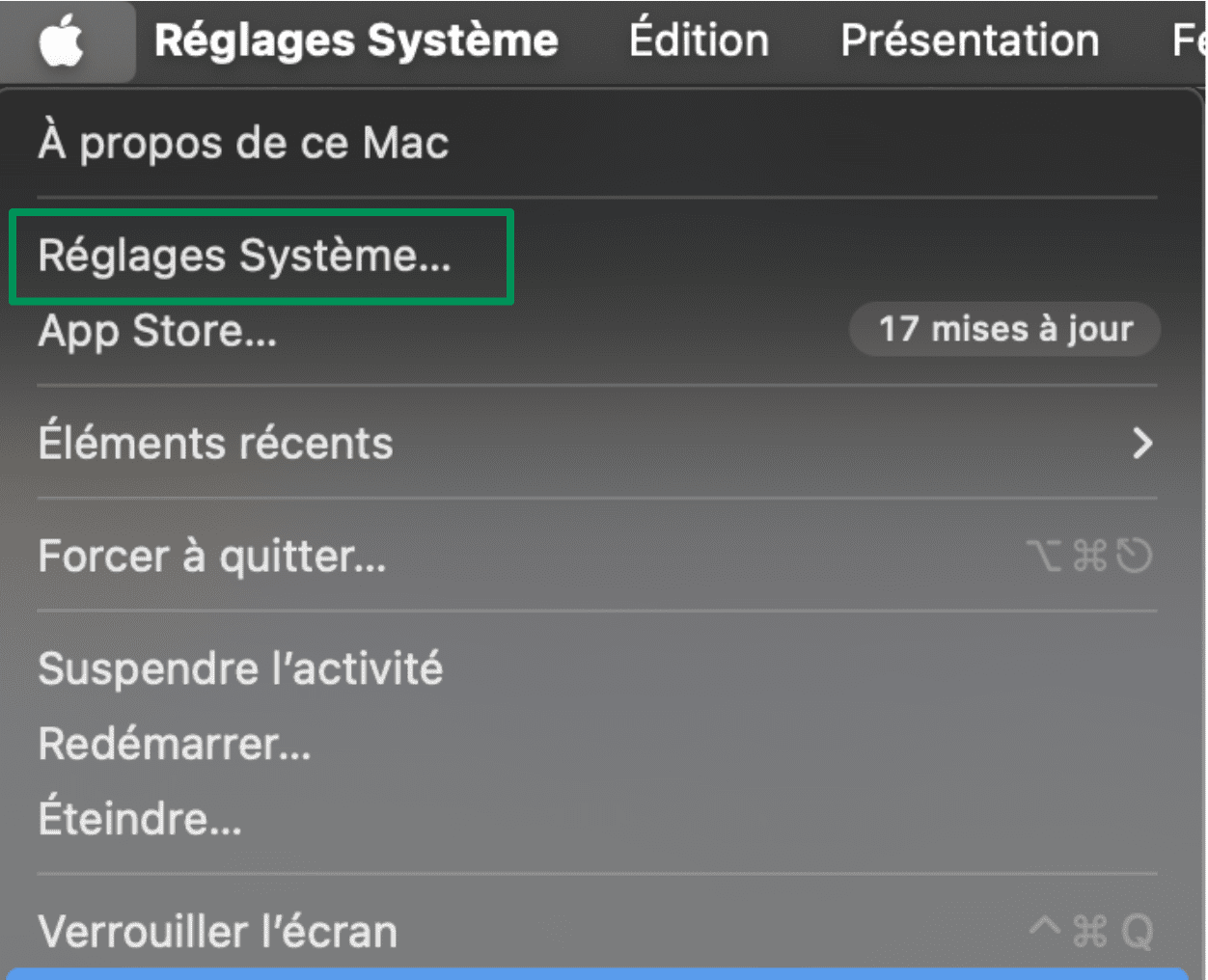 Apple dropdown menu with System Settings highlighted