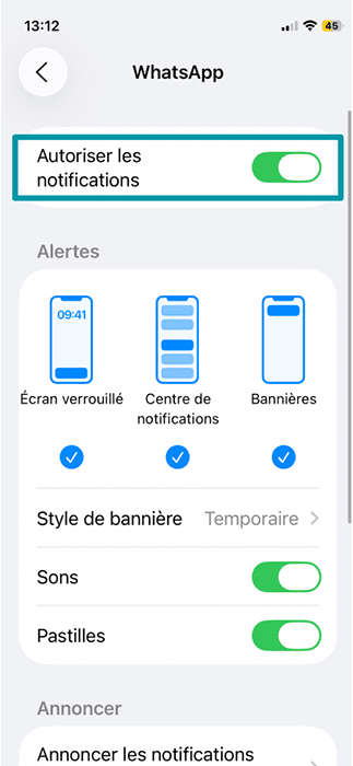 The WhatsApp notifications settings on iPhone, showing the option to disable all notifications.