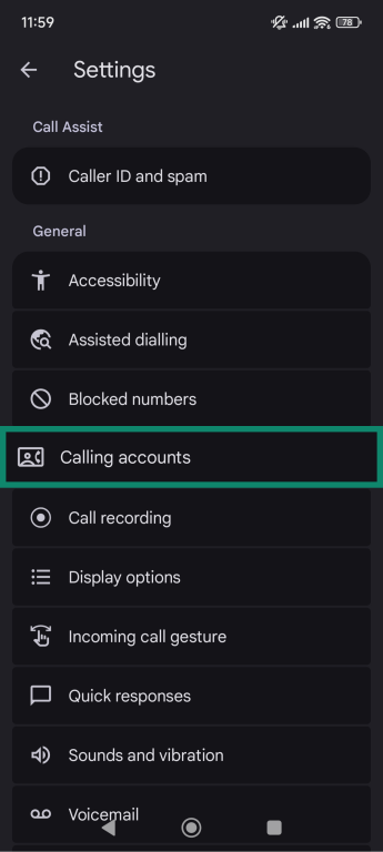 Phone app's general settings screen.