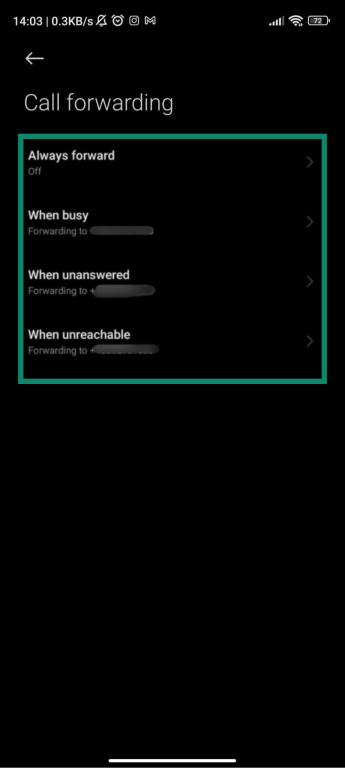 Phone app's call-forwarding settings.