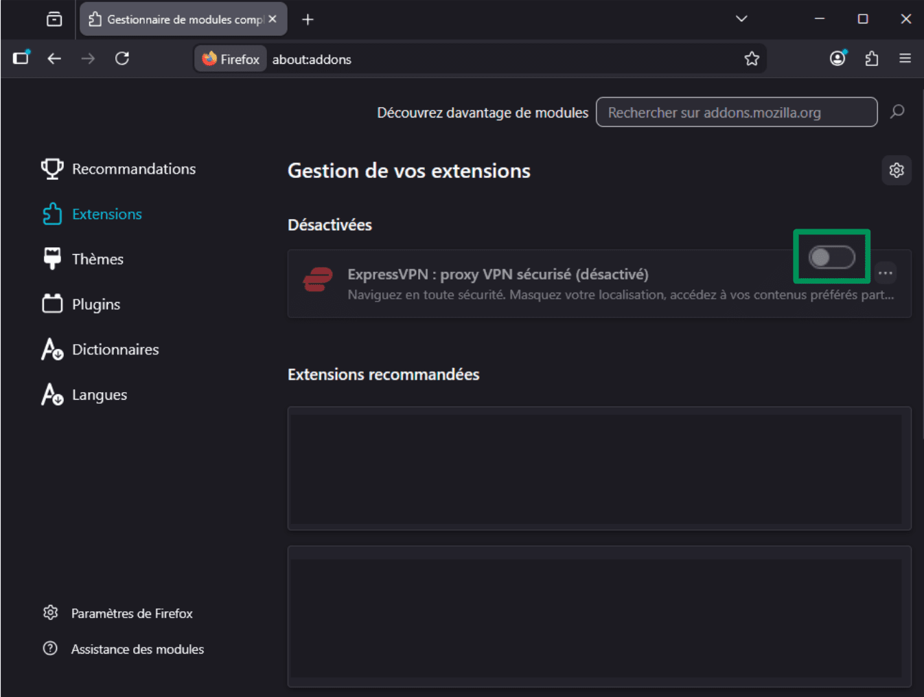 A screenshot of the Firefox extensions page, showing the option to disable the ExpressVPN extension.