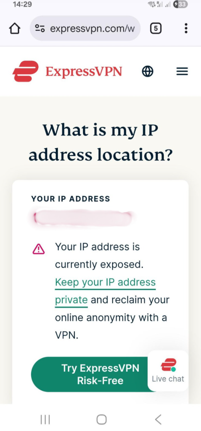 A screenshot of the ExpressVPN website's IP checking tool.