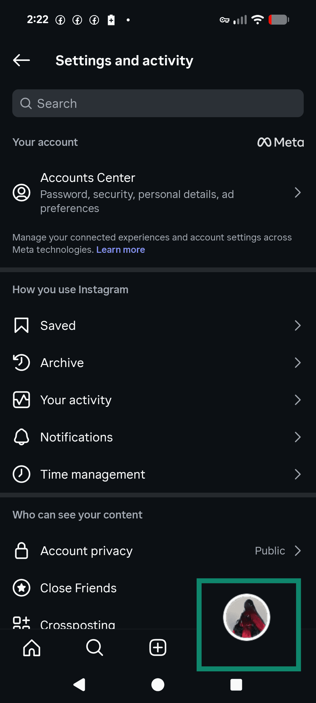 Instagram interface with profile highlighted.