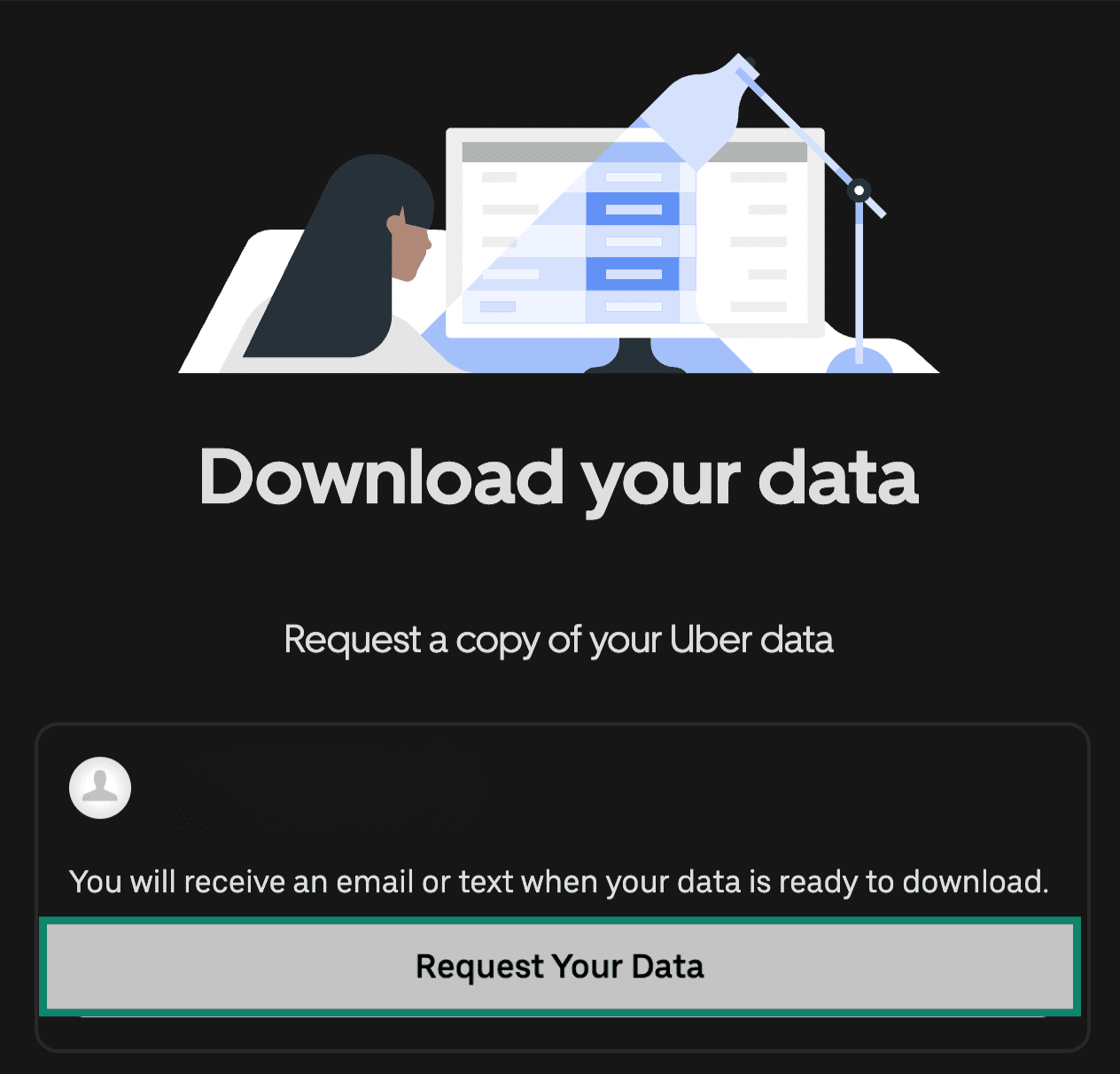 Uber final data request page with data request button highlighted.