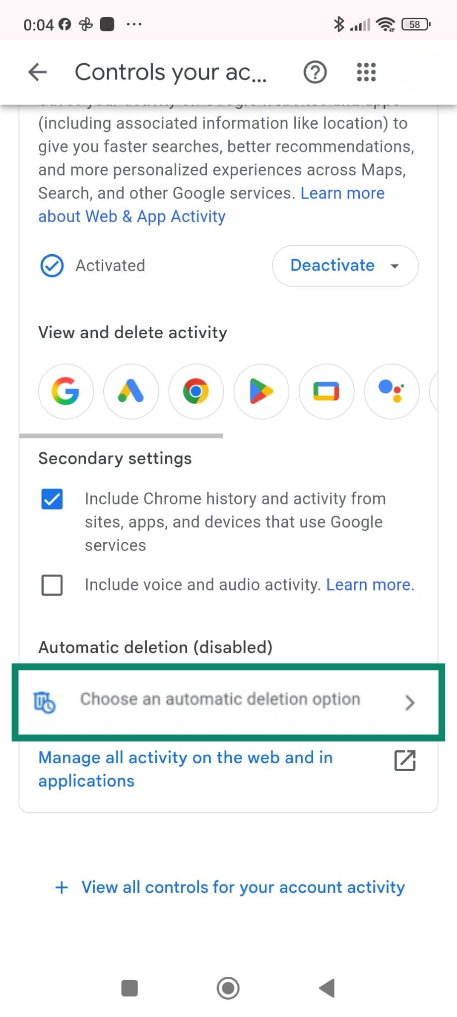 Google Web & App Activity settings showing option to choose automatic deletion.