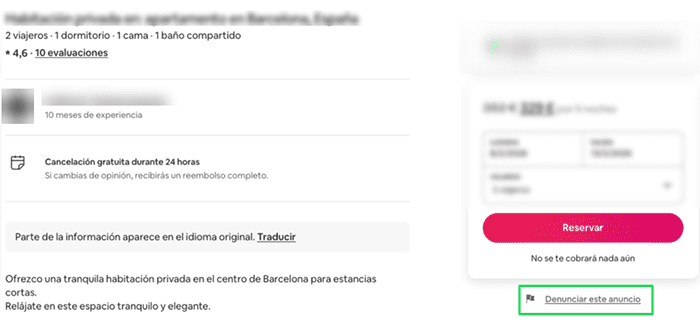 Airbnb listing page showing how to report this listing.