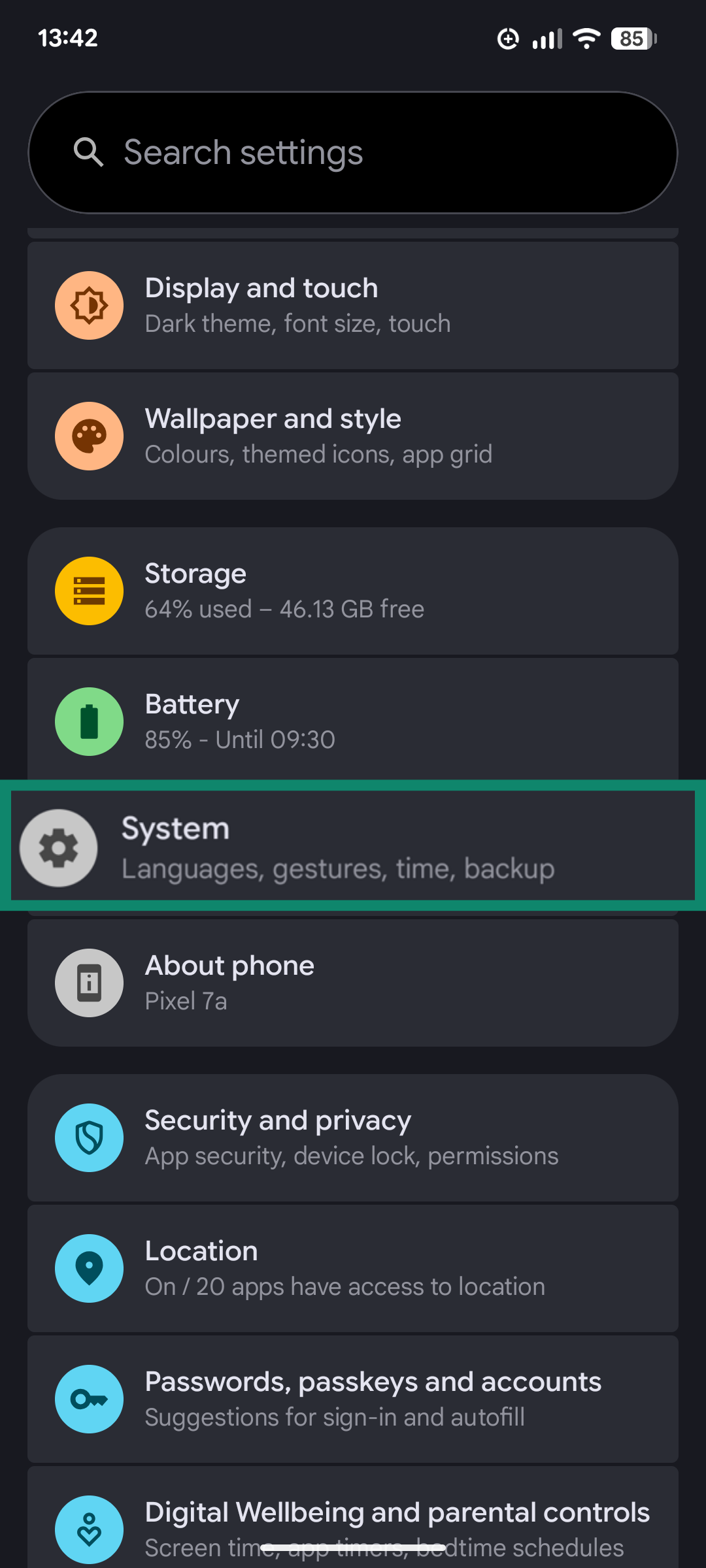 A screenshot of the Android Settings app, showing the System option.