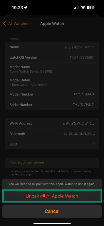 The Apple Watch unpairing confirmation window on the Apple Watch app. The "Unpair owner name' Apple Watch" button at the bottom is highlighted.