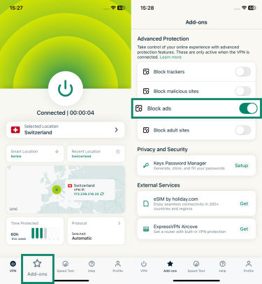 Two side-by-side iPhone screenshots of the ExpressVPN app: the left shows the main screen with the “Add-ons” option highlighted, and the right shows the Add-ons menu with the “Block ads” option toggled on.
