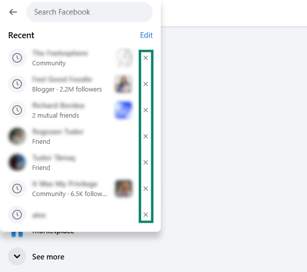 Recent search results displayed in the Facebook search bar. The "X" icons that can remove search entries are highlighted.
