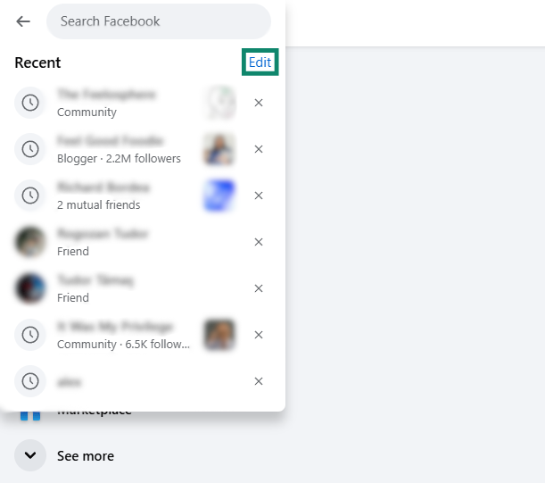 Recent search results displayed in the Facebook search bar. The "Edit" option is highlighted.