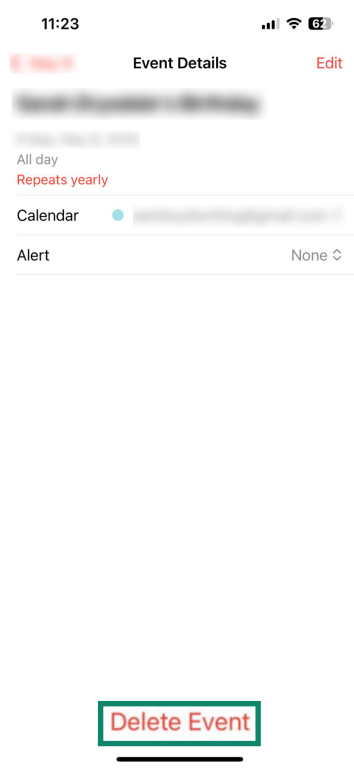 Screenshot iPhone Calendar app showing the Delete event button