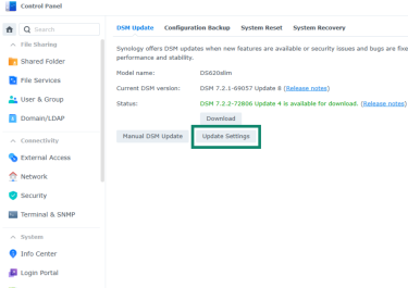 Screenshot displaying where to change the update settings for Synology