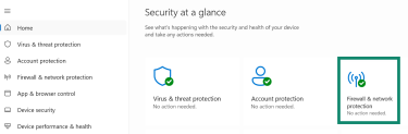 The Windows Security "Security at a glance" dashboard, with the "Firewall & network protection" section highlighted.