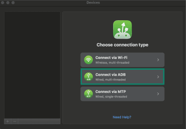 The MacDroid app main screen on a Mac. The "Connect via ADB" option is highlighted.