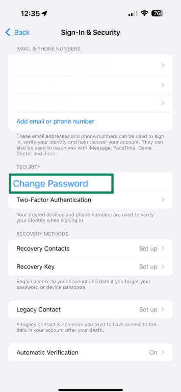 Tap Change Password on iPhone.