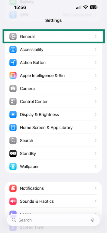 Accessing the General settings menu in iOS Settings app.