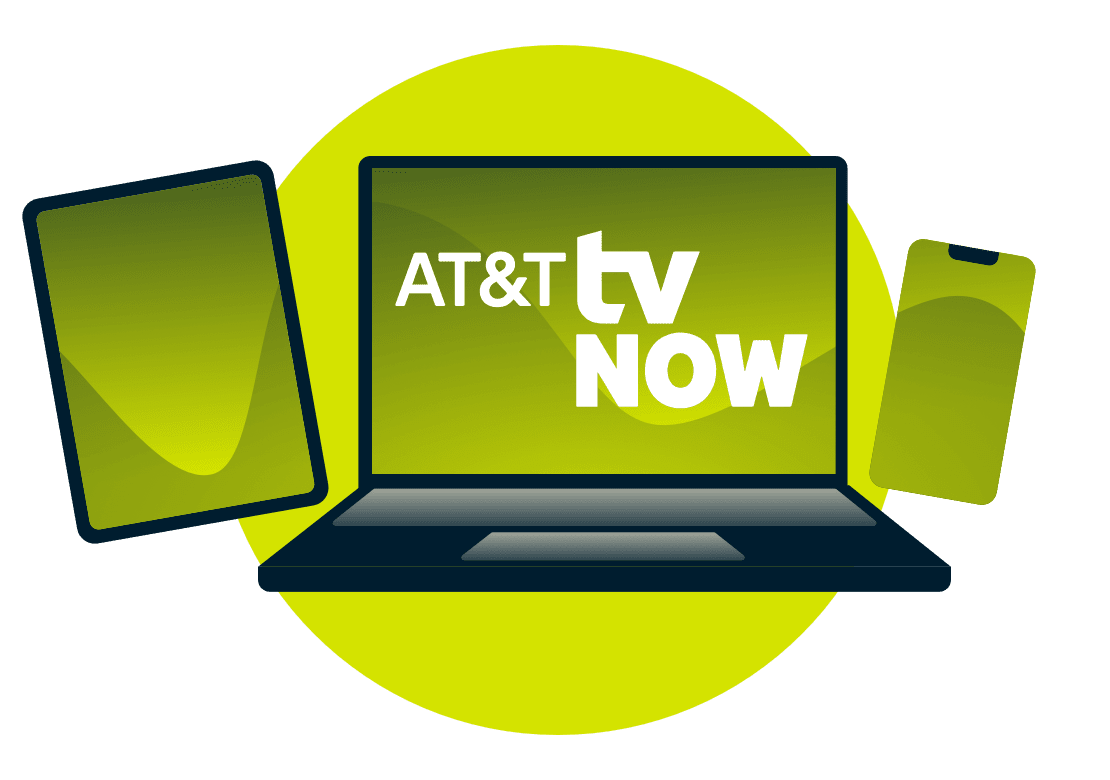 AT&T TV Nowのロゴが表示されたノートパソコン、タブレット、携帯電話。
