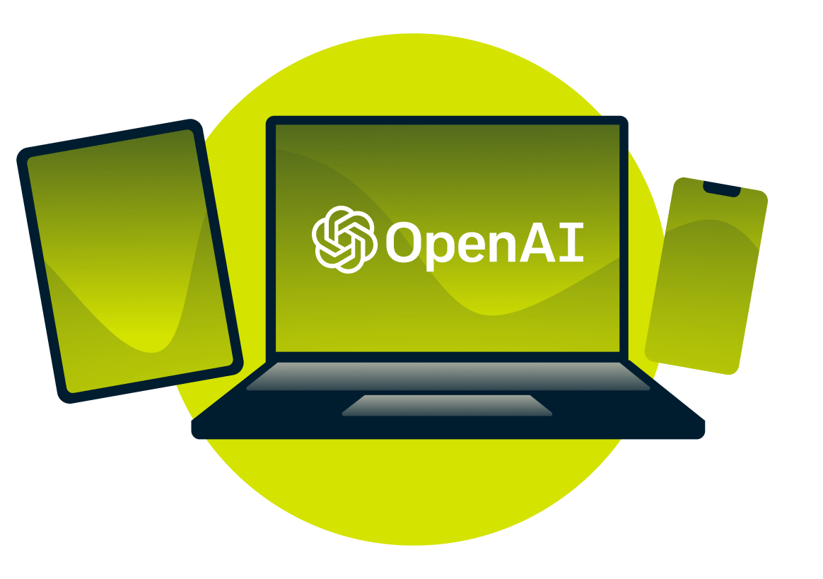 Un computer portatile, un tablet e un telefono con il logo OpenAI.