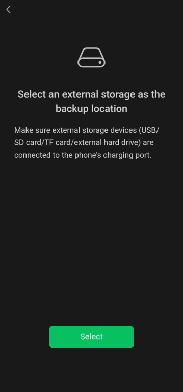 Selecting external storage device for chat backup after connecting it to mobile phone.