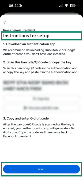 Instructions for adding two-factor authentication on Facebook mobile.
