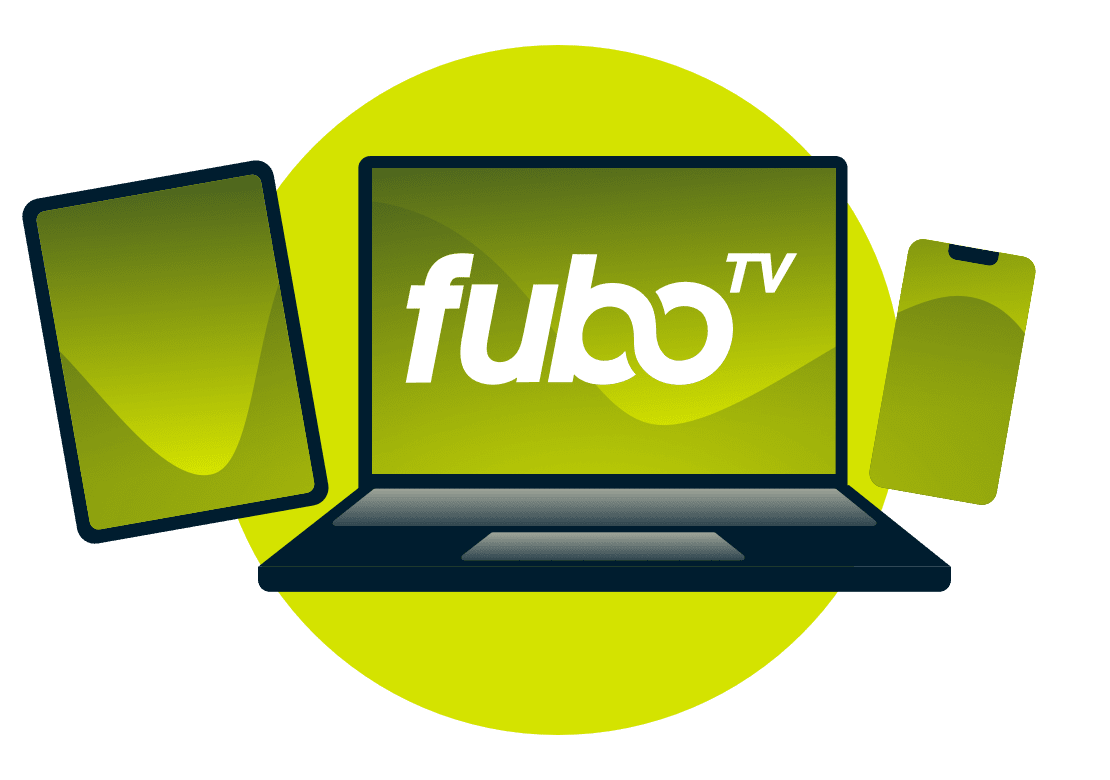 En bærbar PC, nettbrett og telefon, med FuboTV-logoen.