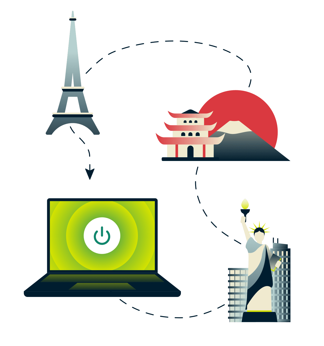 Torre Eiffel, Monte Fuji, Estátua da Liberdade, e um computador conectado à VPN.