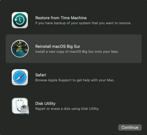 macOS Recovery screen showing options to restore from Time Machine, reinstall macOS Big Sur, Safari, and Disk Utility