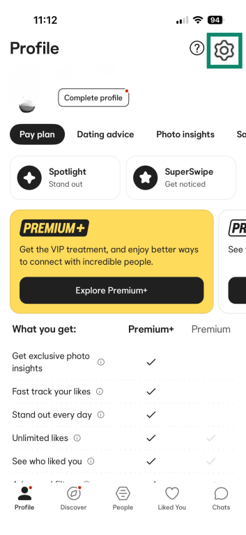 Bumble Profile screen again, showing the Settings gear icon highlighted.