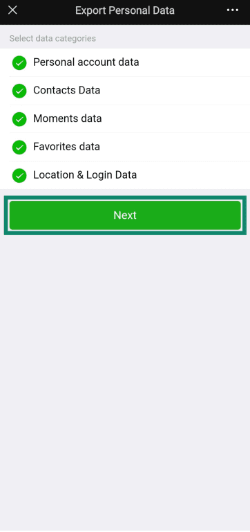 Choosing what personal WeChat data to export.