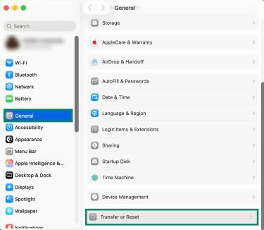 System Settings window with General and Transfer or Reset highlighted.
