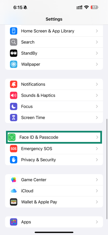 iPhone Settings screen highlighting the Face ID & Passcode option.